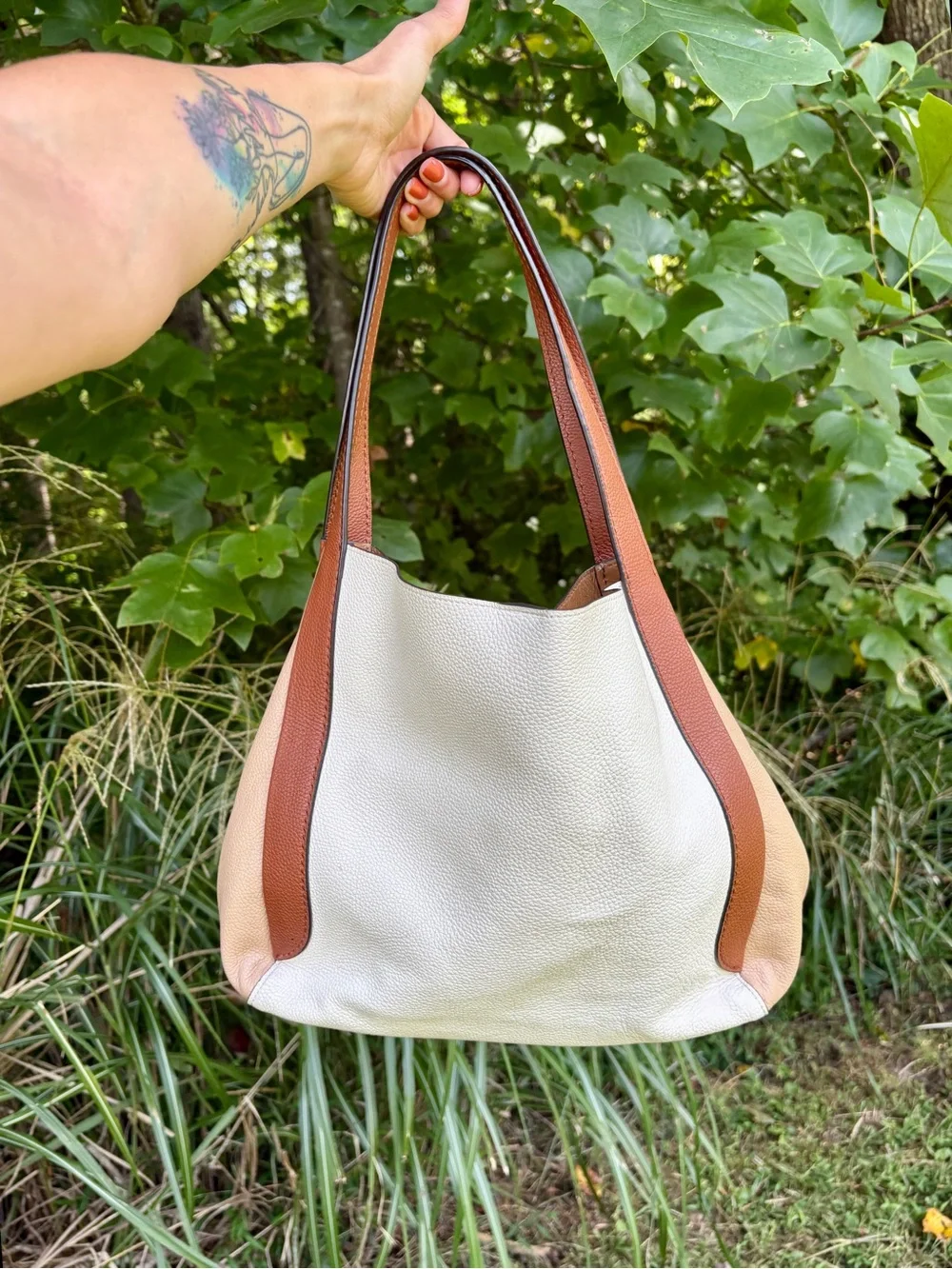 Coach Hadley Hobo 76088 Colorblock Pebbled Leather Tote Chalk Tan Brown Multi